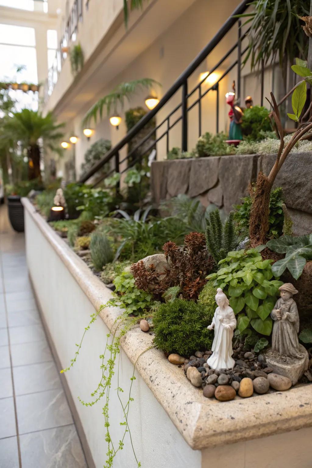 This plant ledge is enriched by the artistic quality of small sculptures.
