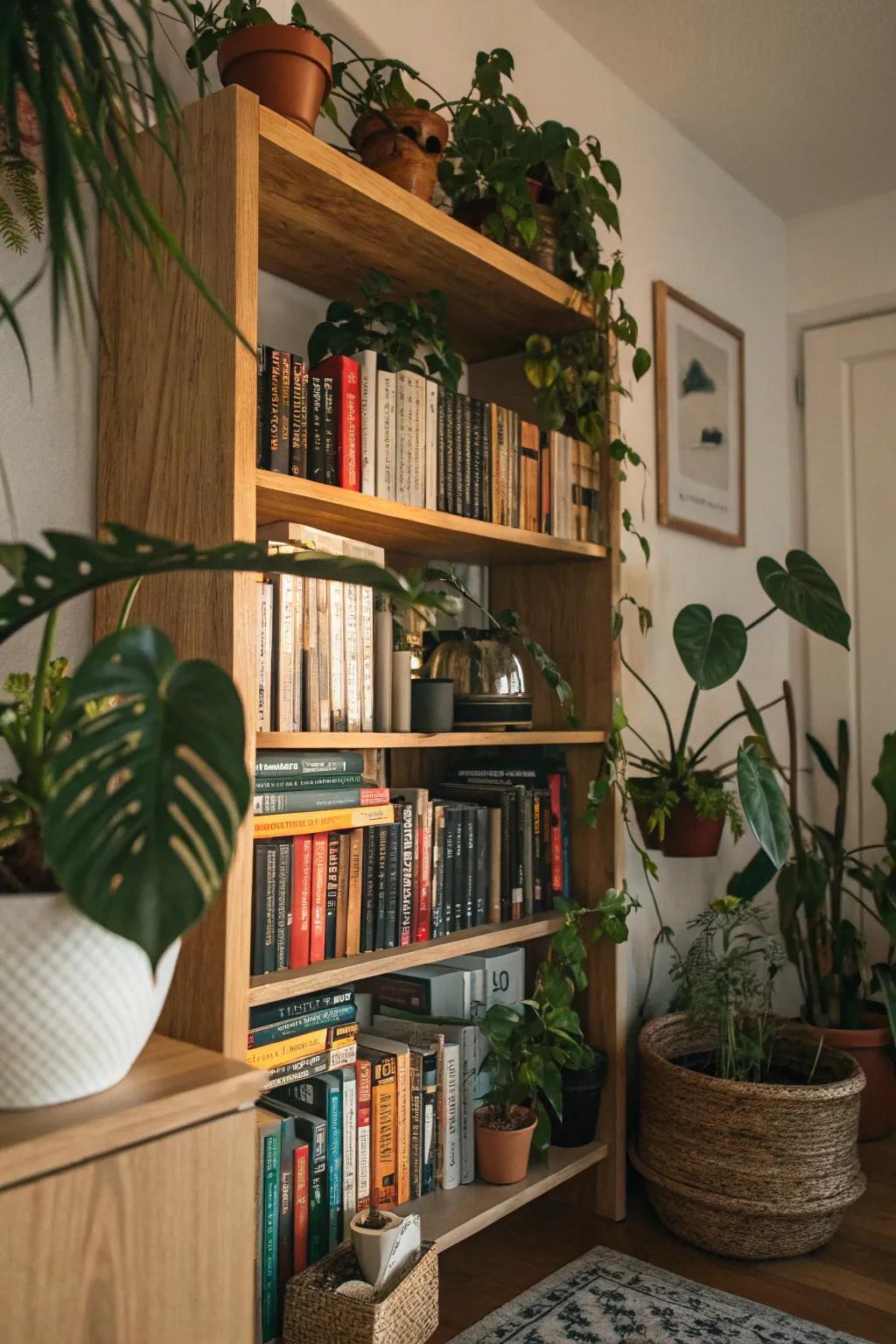 A library plant display bringing reading material and elements of nature together.