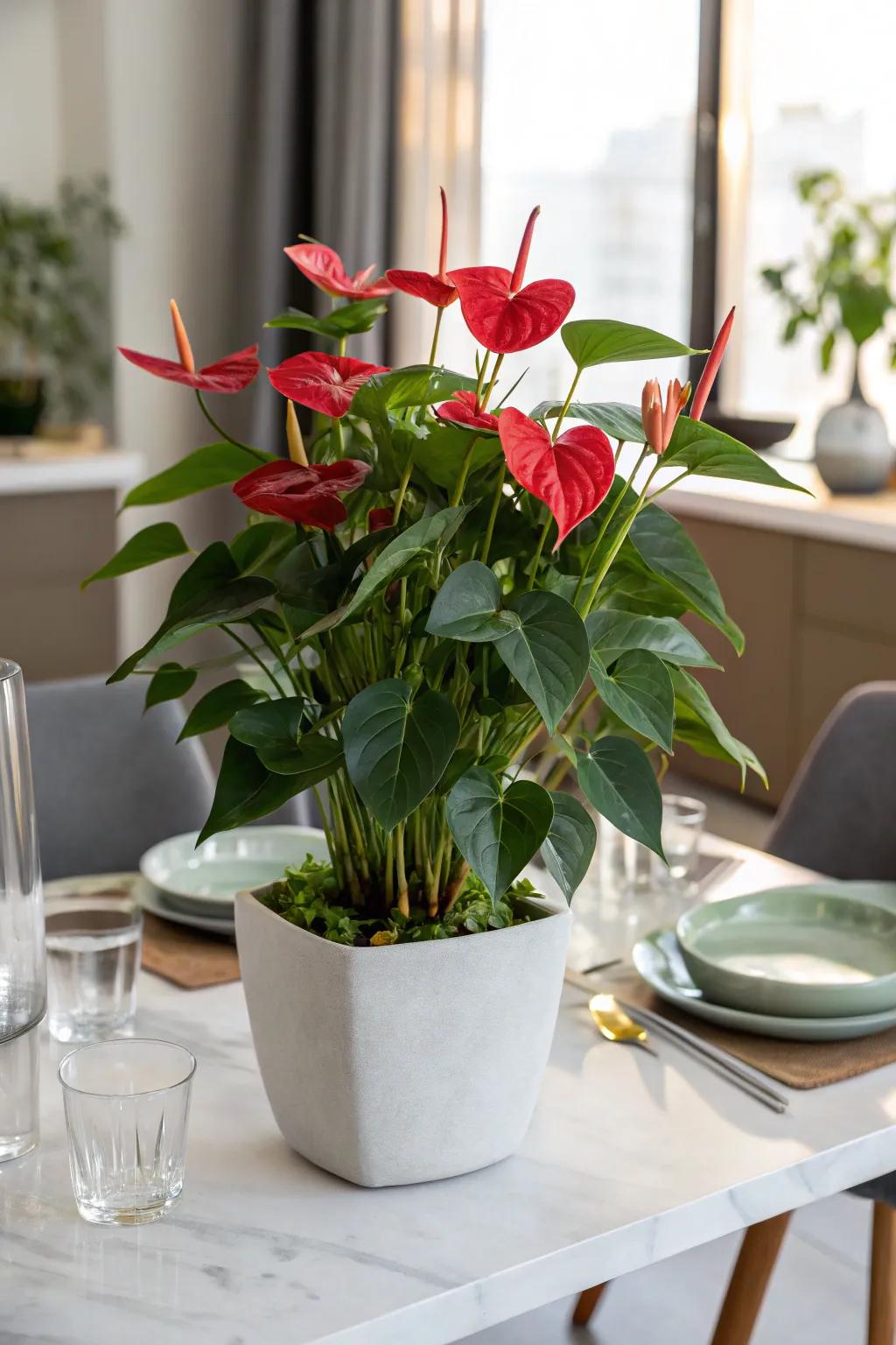 Vivid anthuriums, contributing a dash of color and delight to mom's décor.