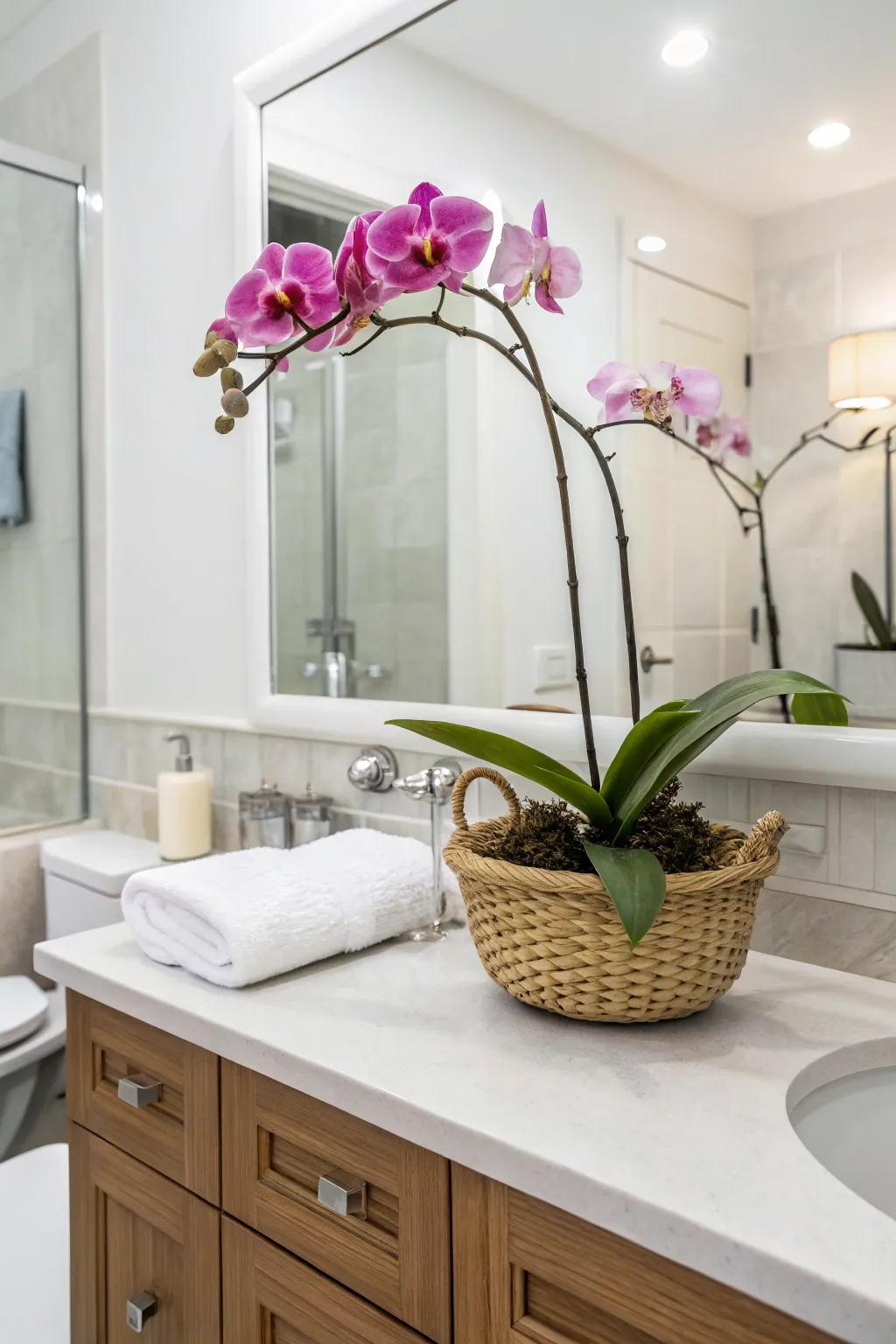 Introduce vibrant colors with flowering plants that thrive in humidity.