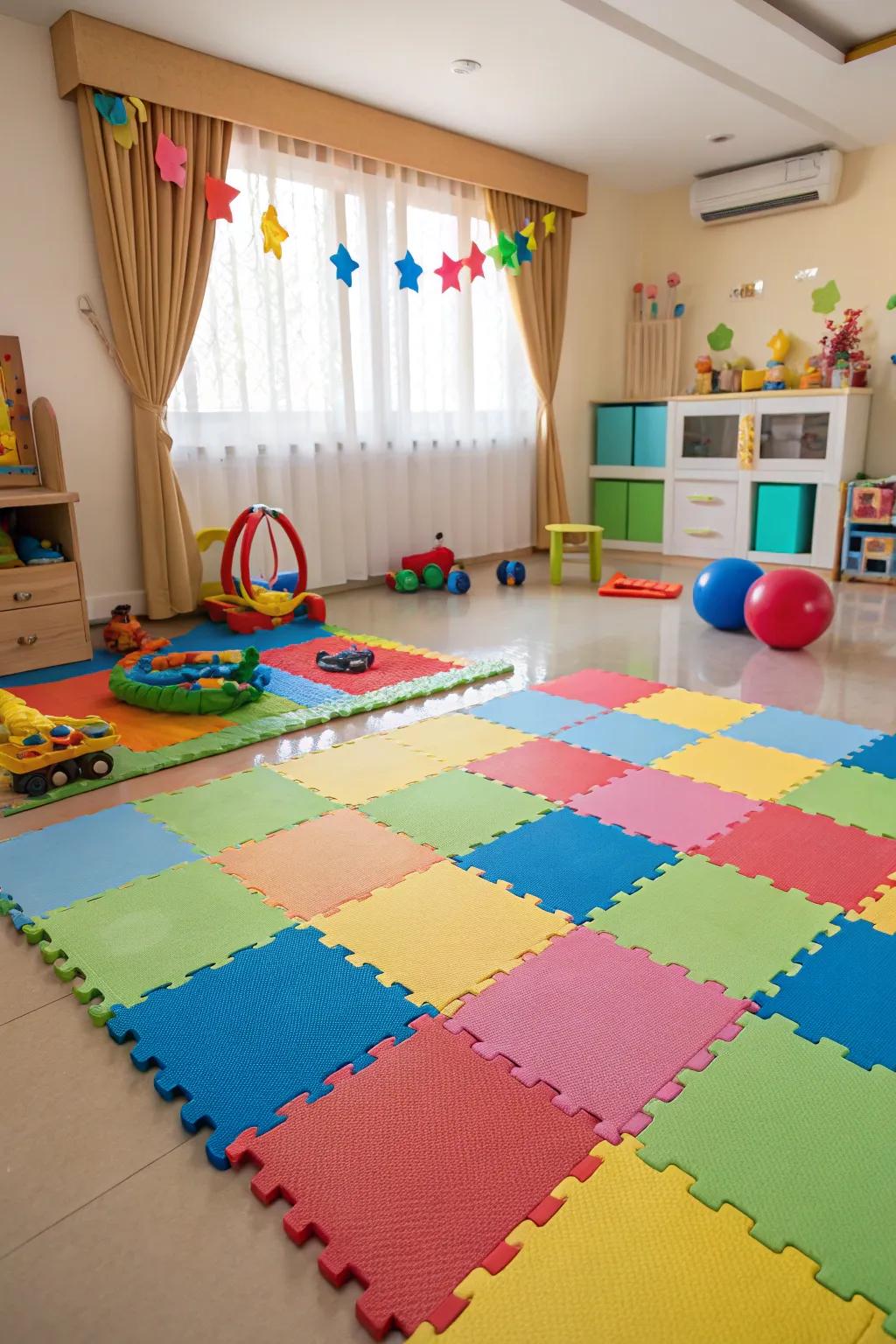 A safe and easy-to-clean play area is made using foam flooring.