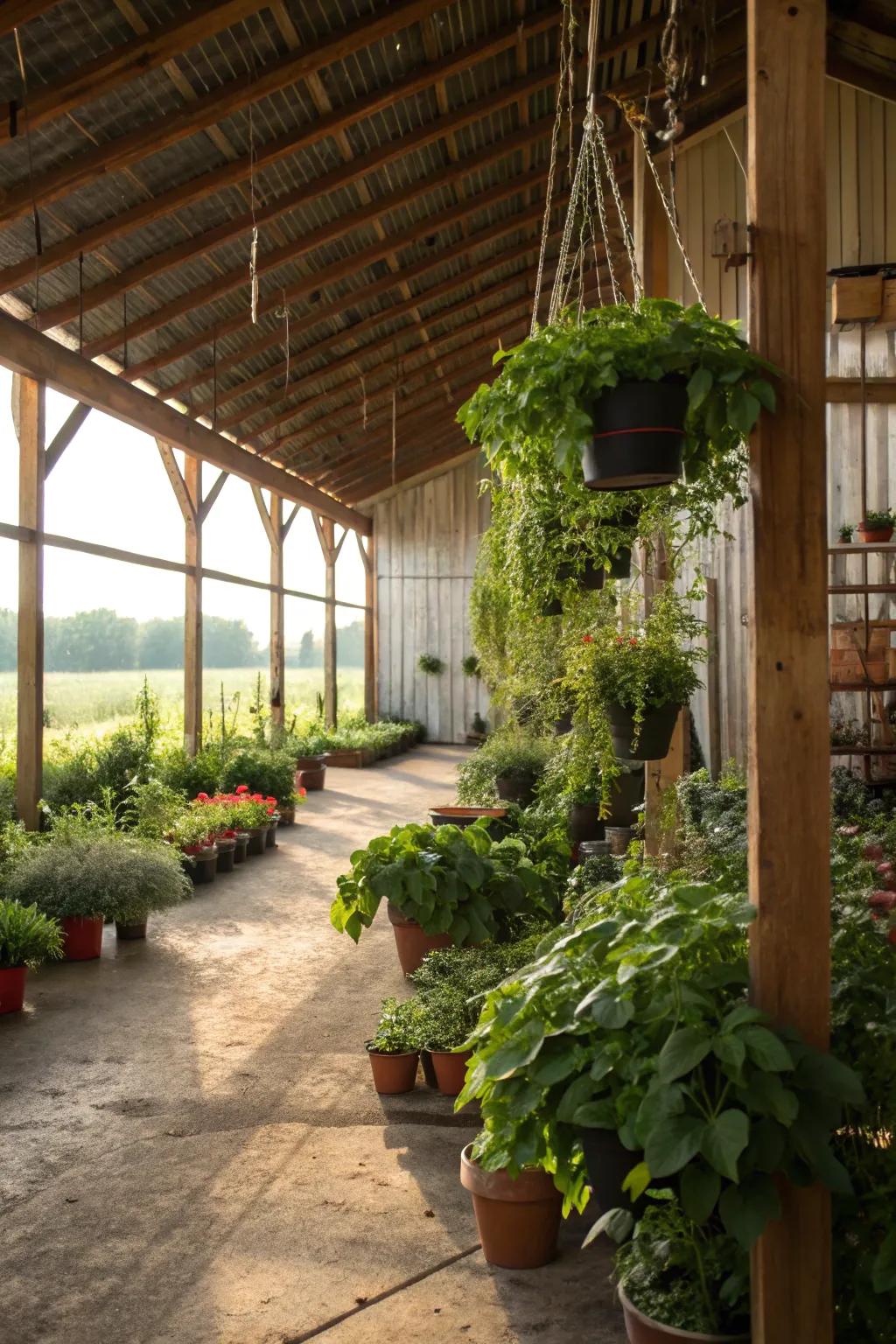 An interior garden in a pole barn with potted plants and hanging greenery.