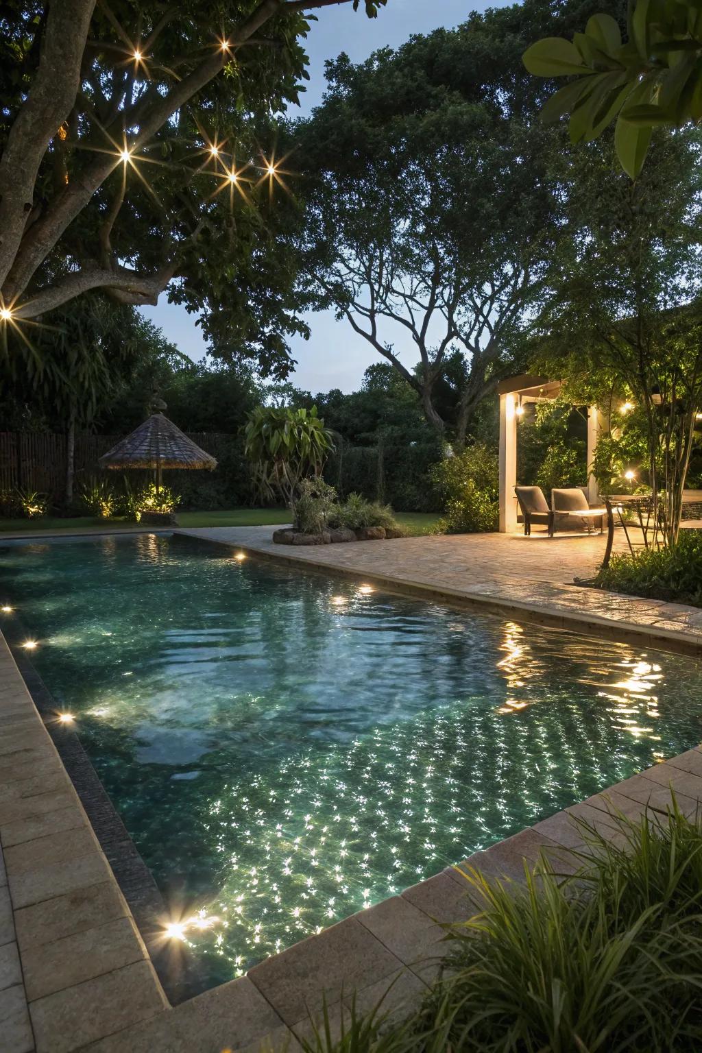 Reflective lighting creates a shimmering water effect at night.