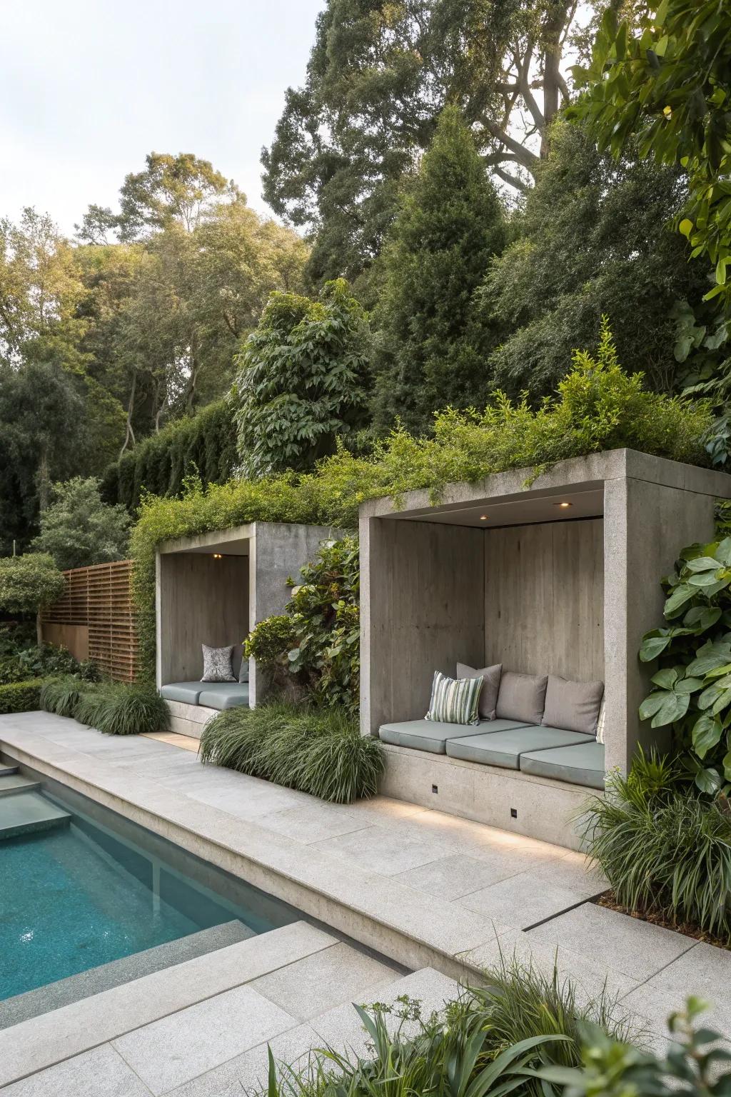 Secluded sitting spots offer intimate spaces for relaxation by the pool.