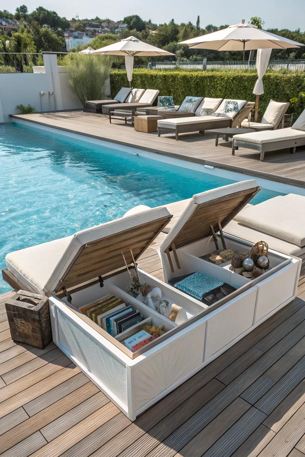 Tidy and organized with discreet storage in pool deck furniture.