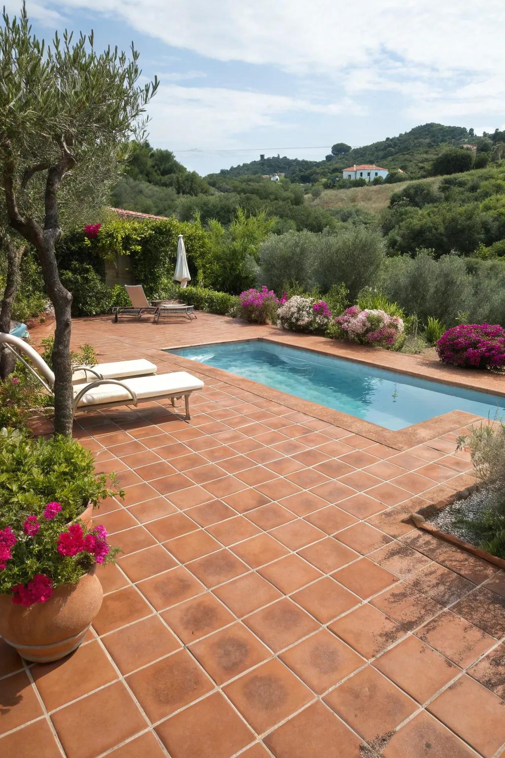 Infuse your pool deck with Mediterranean allure via clay tiles.