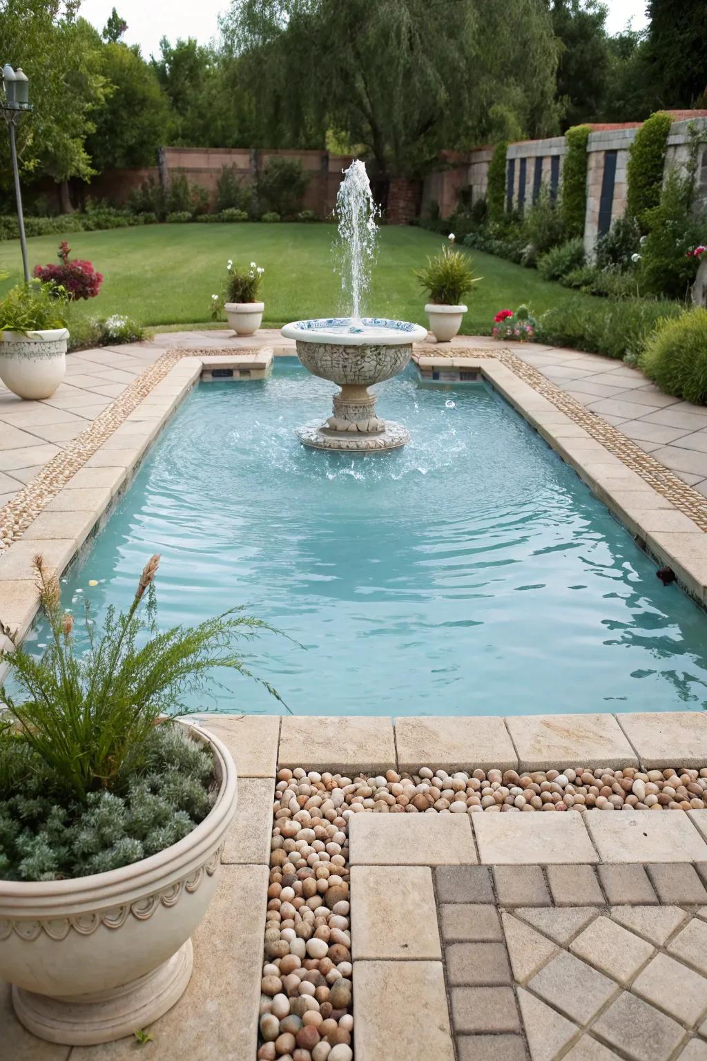 A pool fountain adding refinement and charm to the backyard.