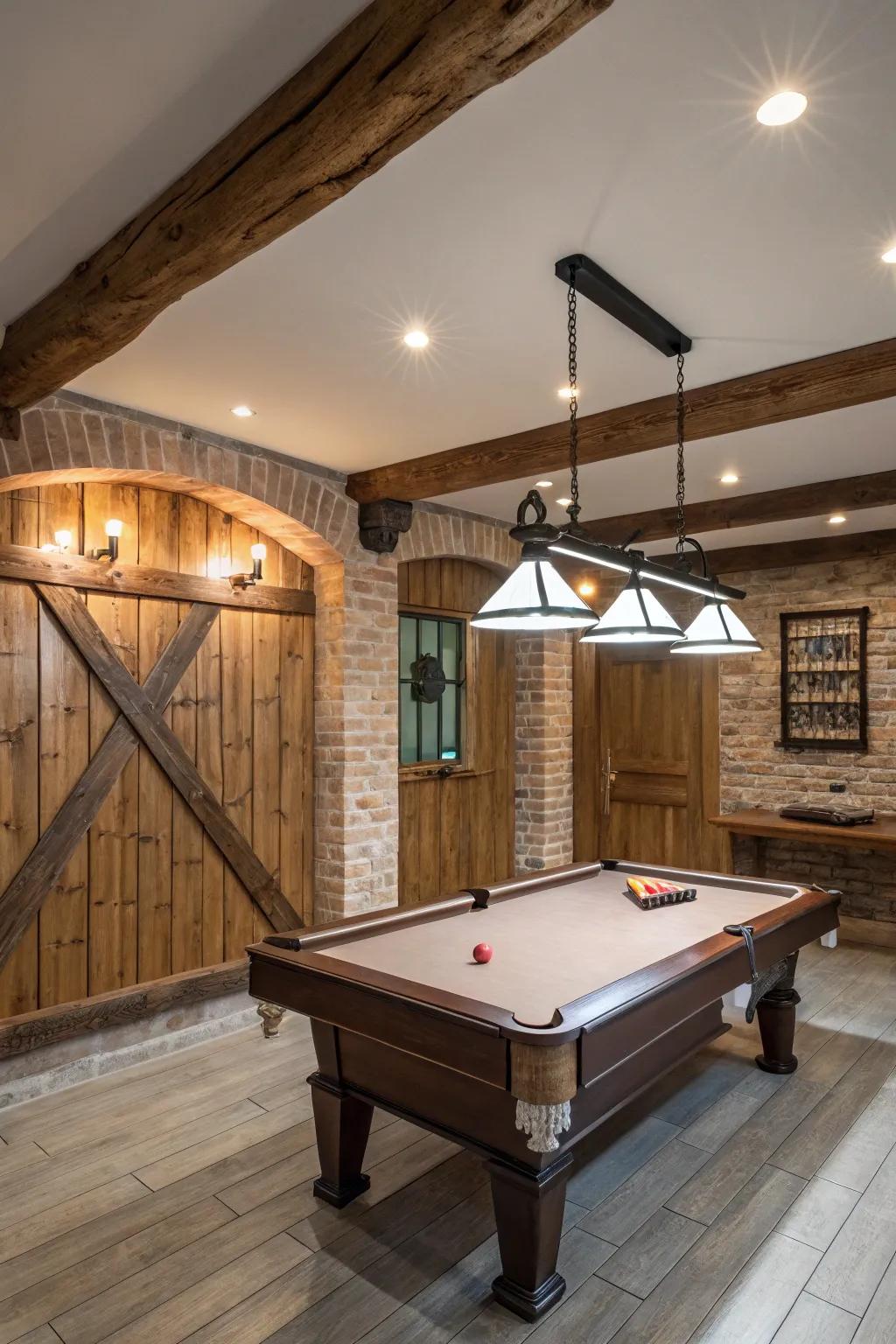Blend rustic charm with modern flair for a distinctive pool table area.