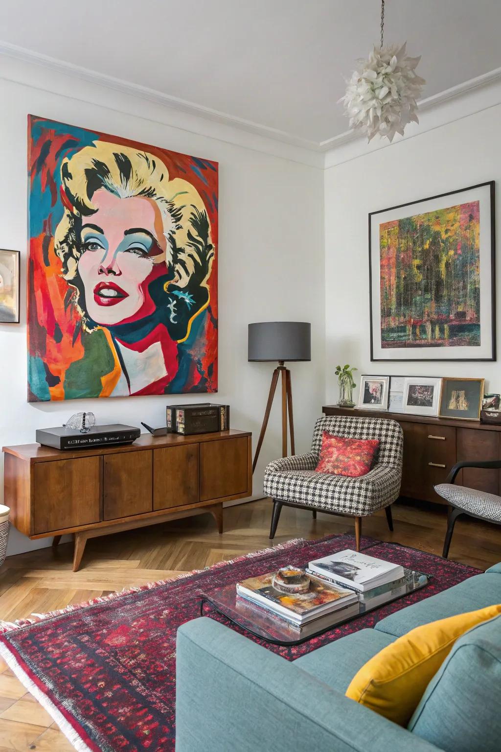 A lively blend of abstract style and pop art produces an energetic piece.