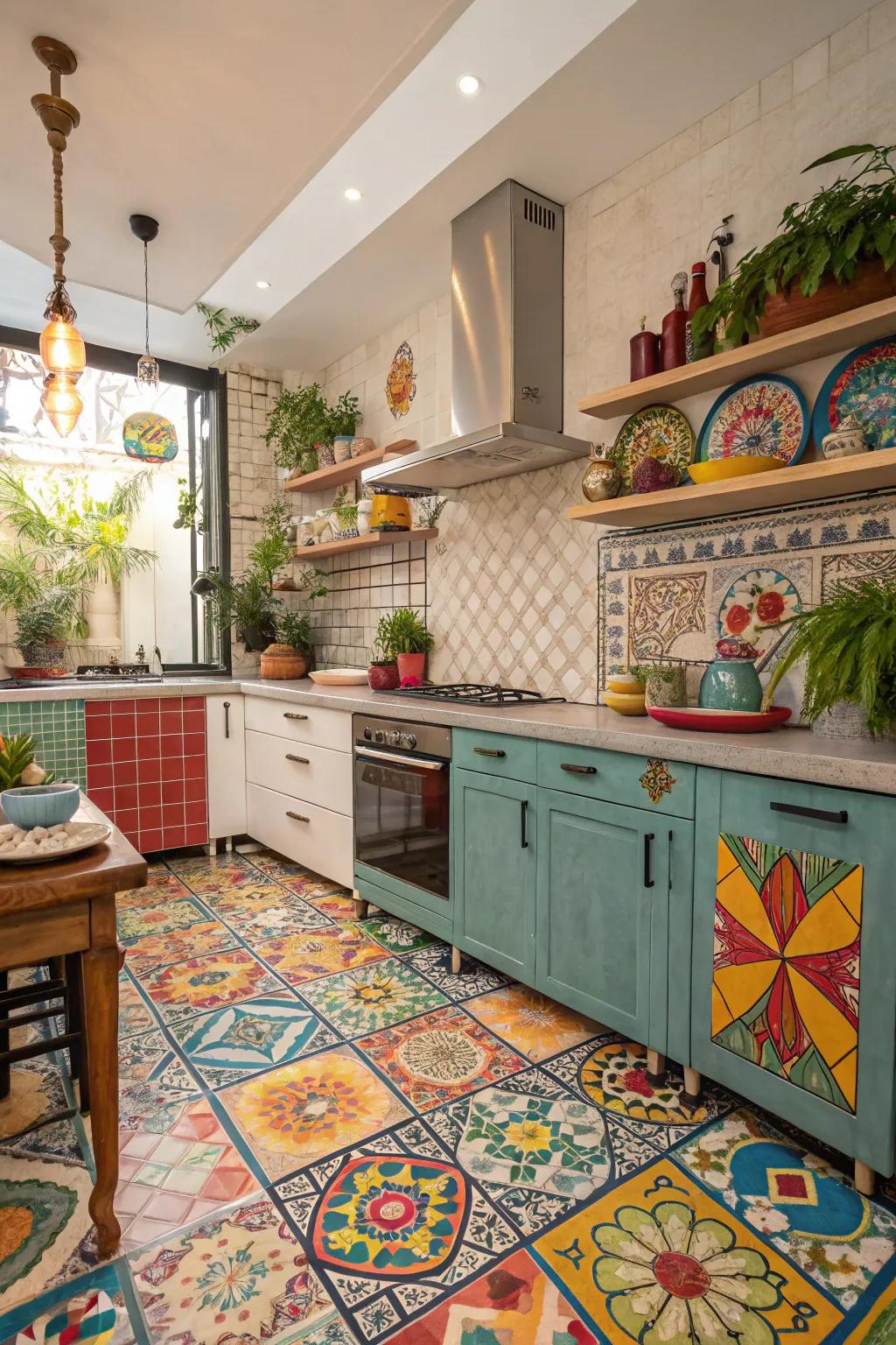 Tiny stone tiles contribute vibrant color and individuality to kitchen spaces.