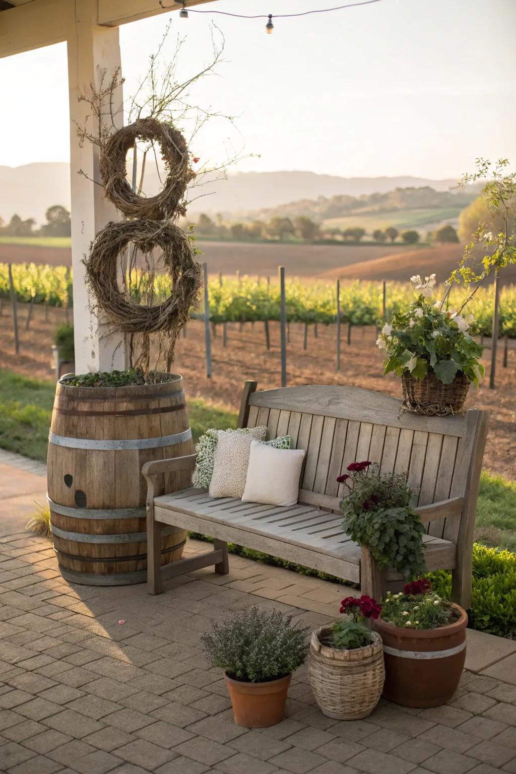A wine cask bench injects whimsy and allure to the porch.