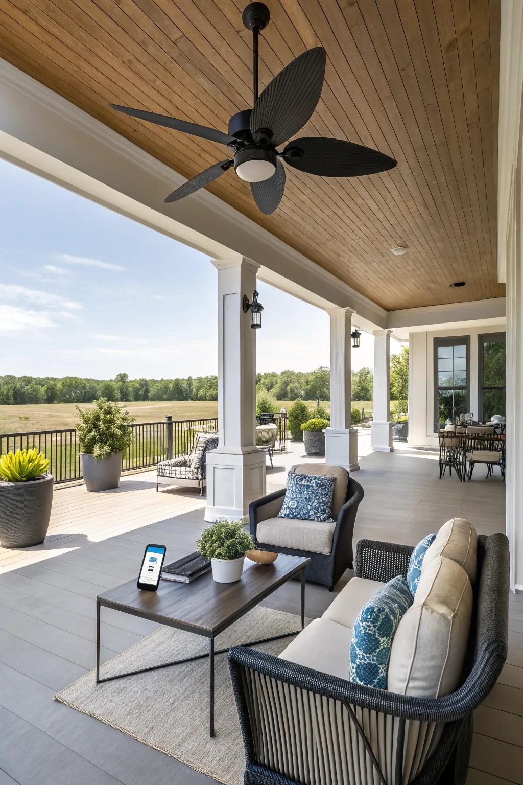 A smart fan features convenient control in this tech-forward porch.