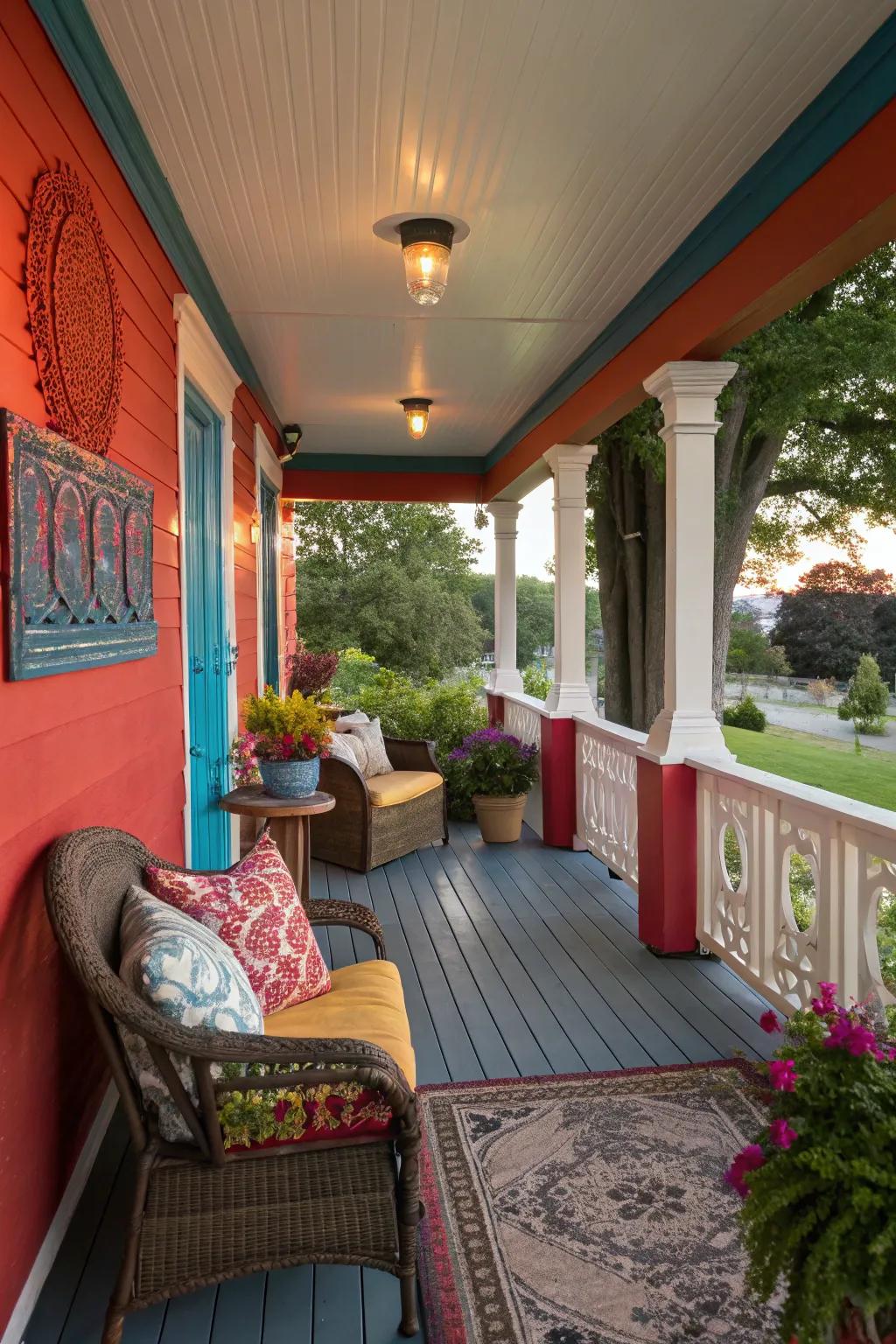 A knee wall featuring a vivid hue, contributing vibrancy to the porch.