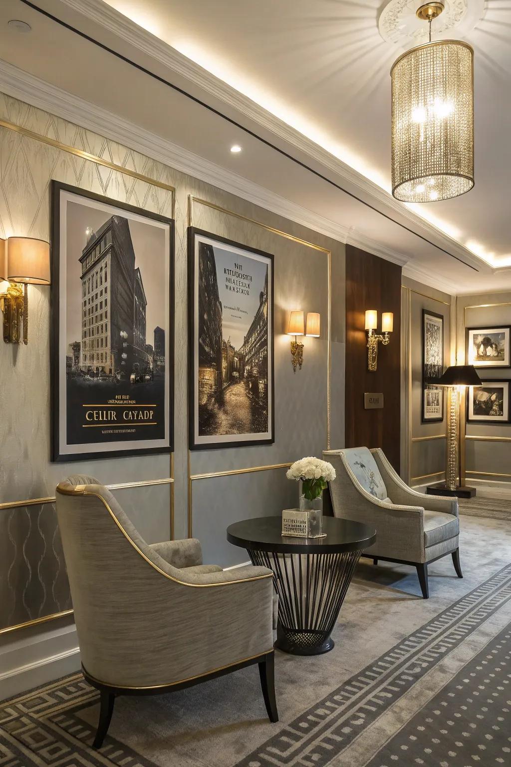 A stylish room with metallic accents showcased through the posters.