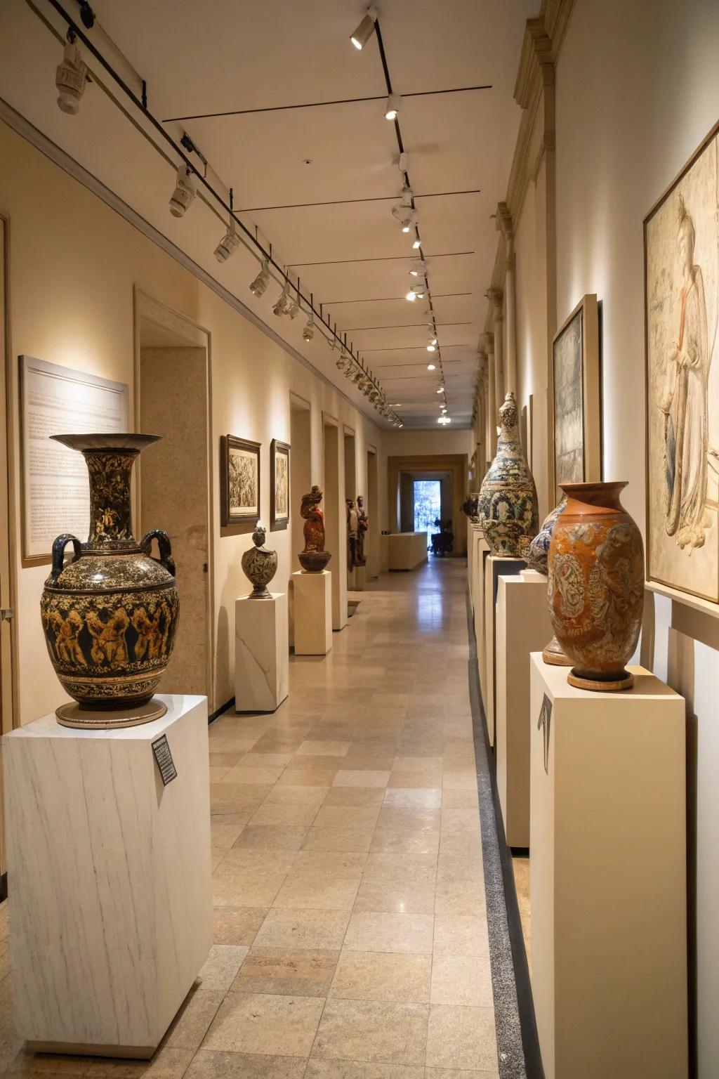 Pottery displayed on platforms in a corridor for a gallery effect.