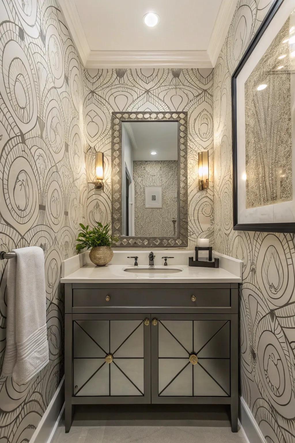 Vibrant linework introduces energy and fluidity into your guest bathroom.