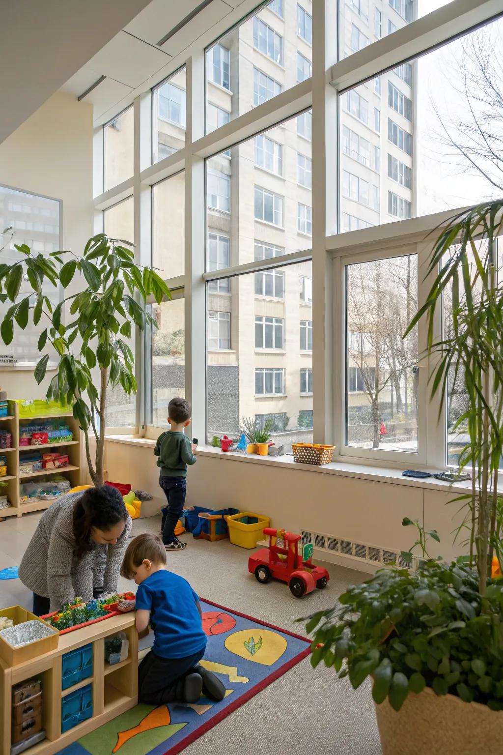 Natural light and plants enhancing the classroom ambiance.