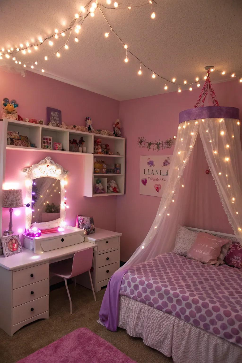 Twinkle lights add a magical glow to the room.