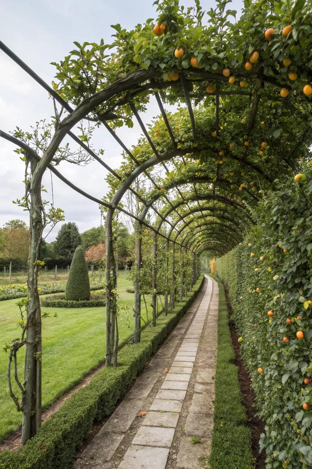 Integrate productivity and solitude via an espalier fruit tree screen.