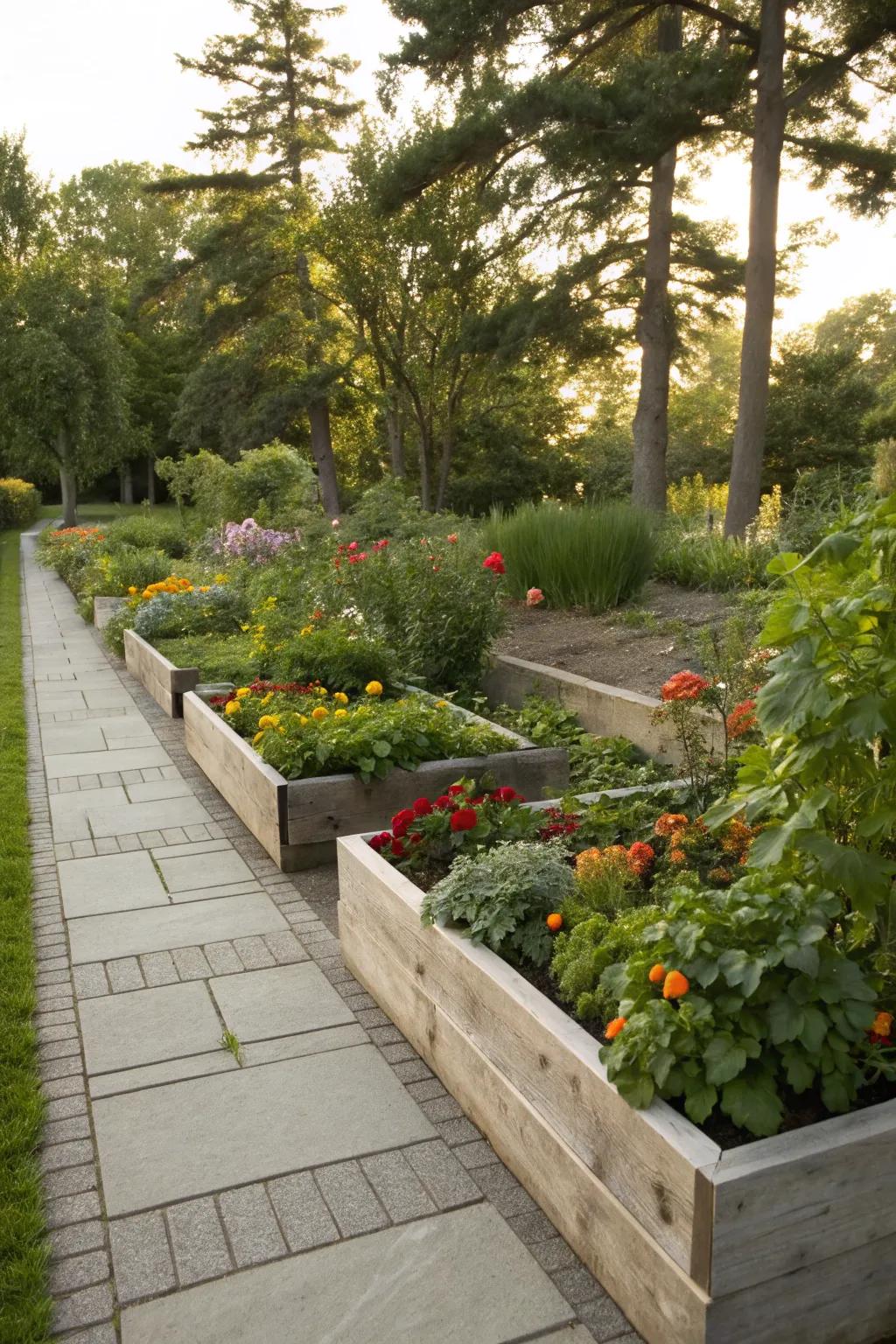 Planters and raised beds defining property edges.