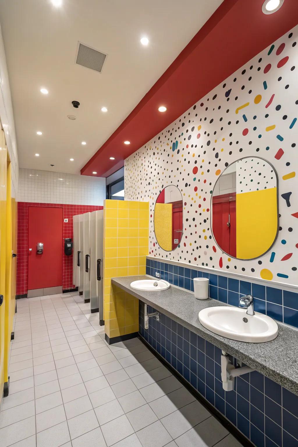 Vibrant color palettes add personality to public restroom designs.