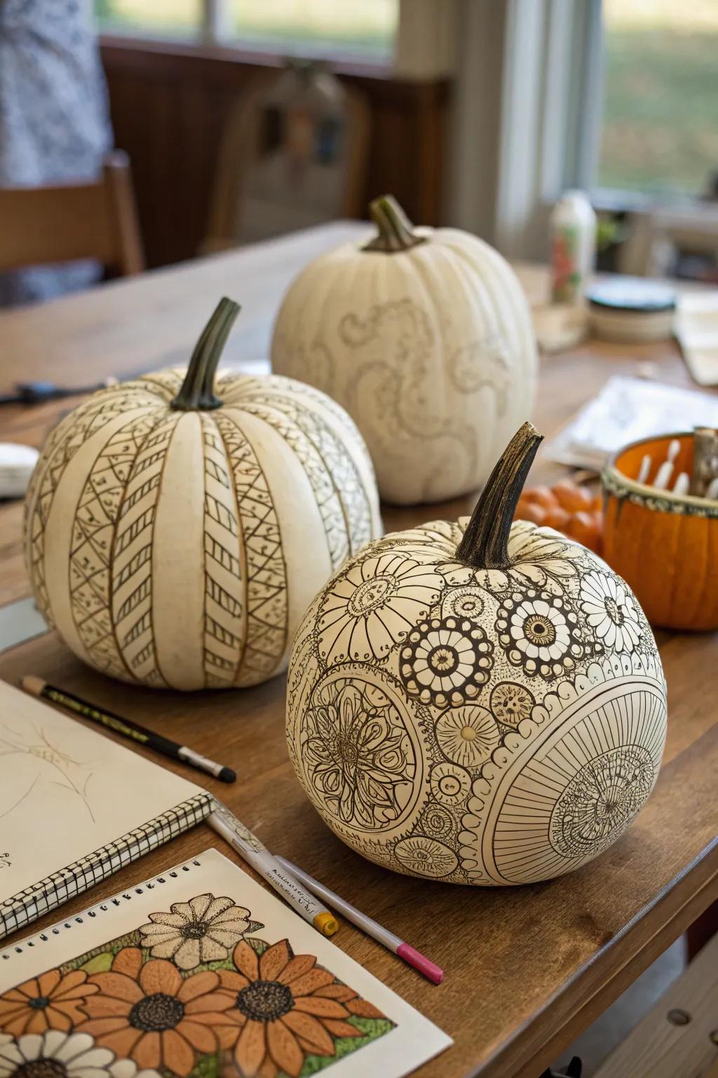 Zentangle pumpkins showcasing intricate motifs.