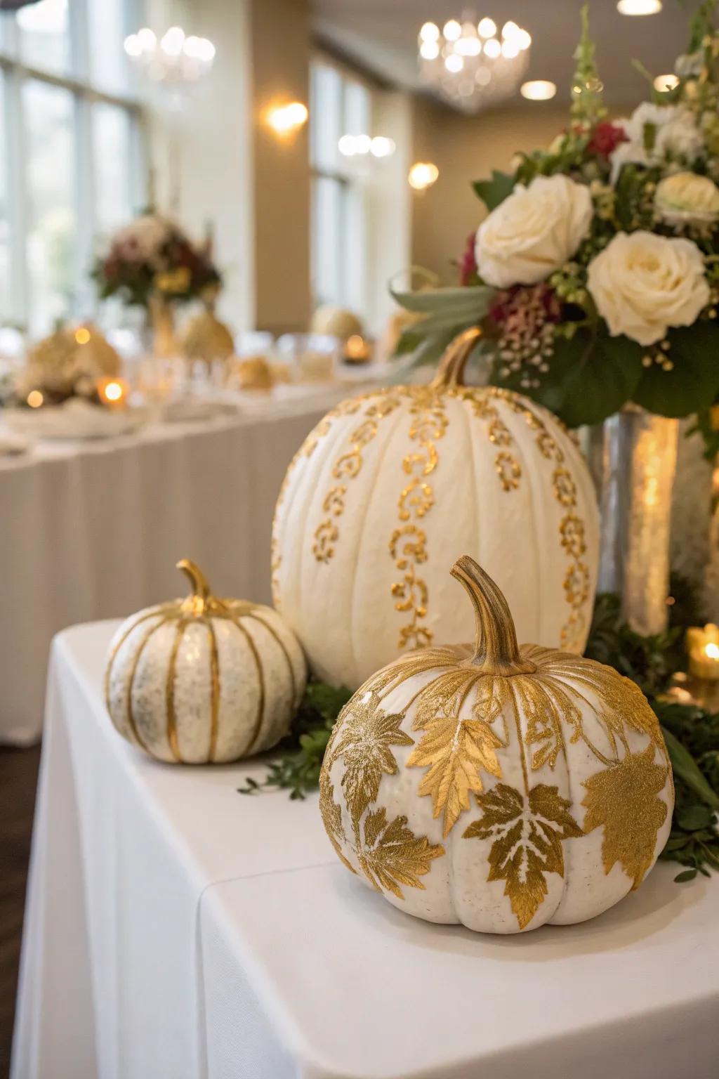Gilded squashes adding an elegant sparkle to the wedding decor.