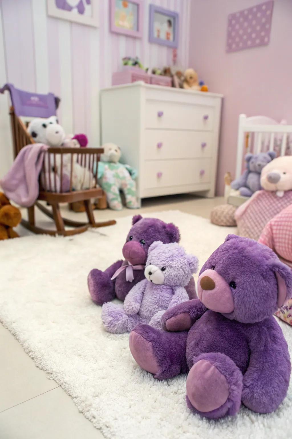 Violet soft toys contribute an element of cuddliness.