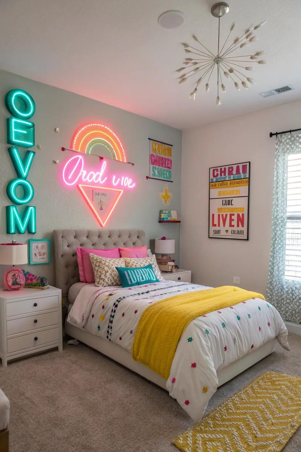 Neon highlights adding an energetic and cheerful feel to the bedroom.