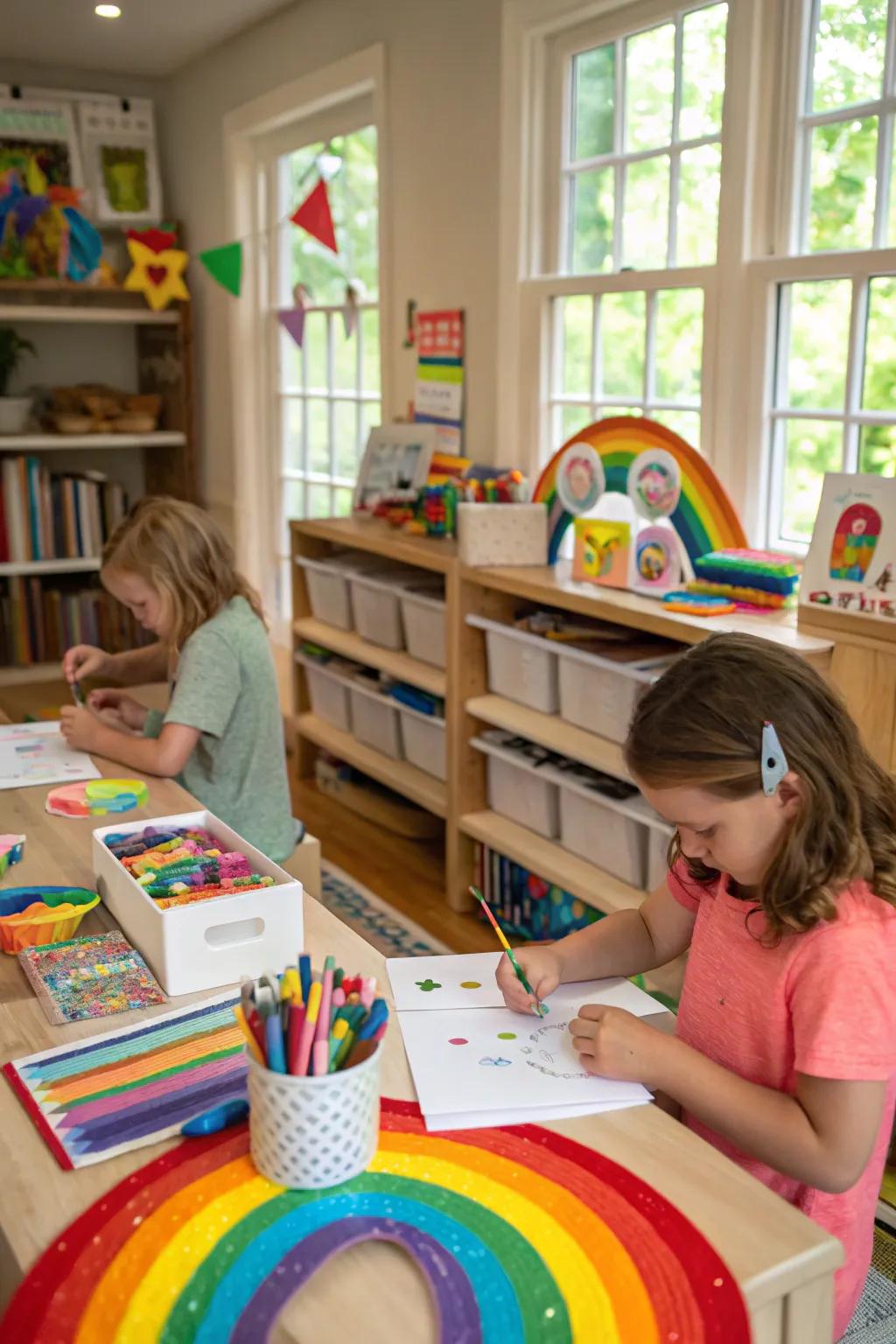Children delighting in a vibrant spectrum creation hub at the festivity.
