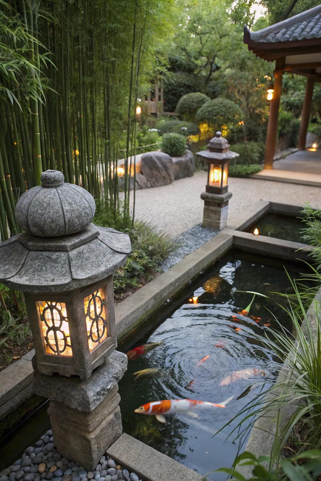 A serene Japanese-style raised koi pond, exuding tranquility.