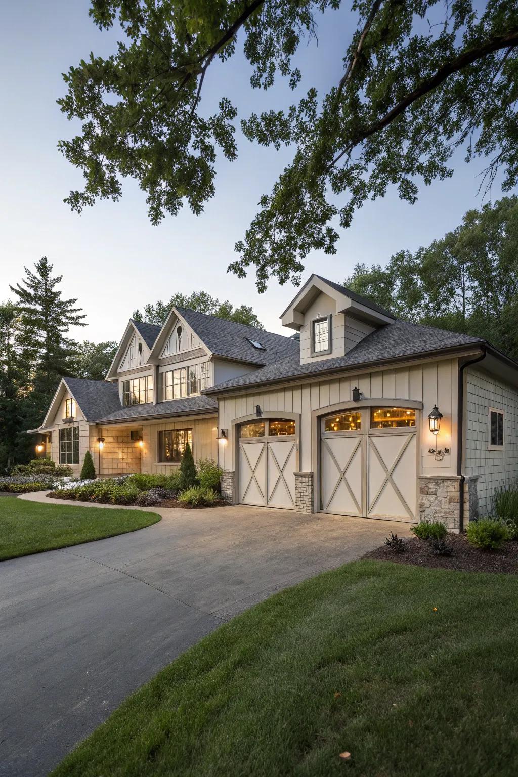 Eye-catching carriage-style garage doors on a raised ranch dwelling.