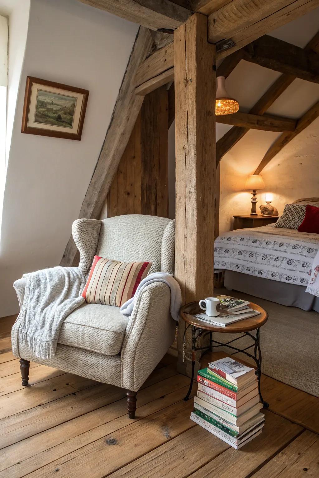 A snug reading nook in a countryside bedroom, complete with a comfortable chair.