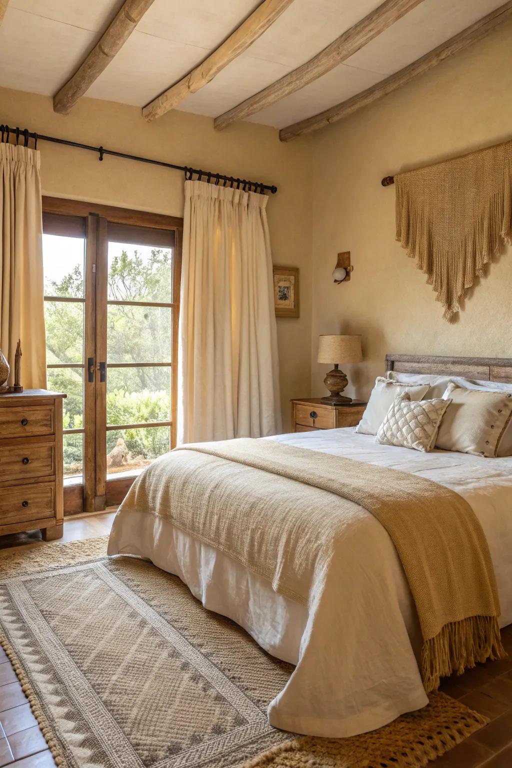 Earthy textiles provide comfort and a grounded atmosphere.