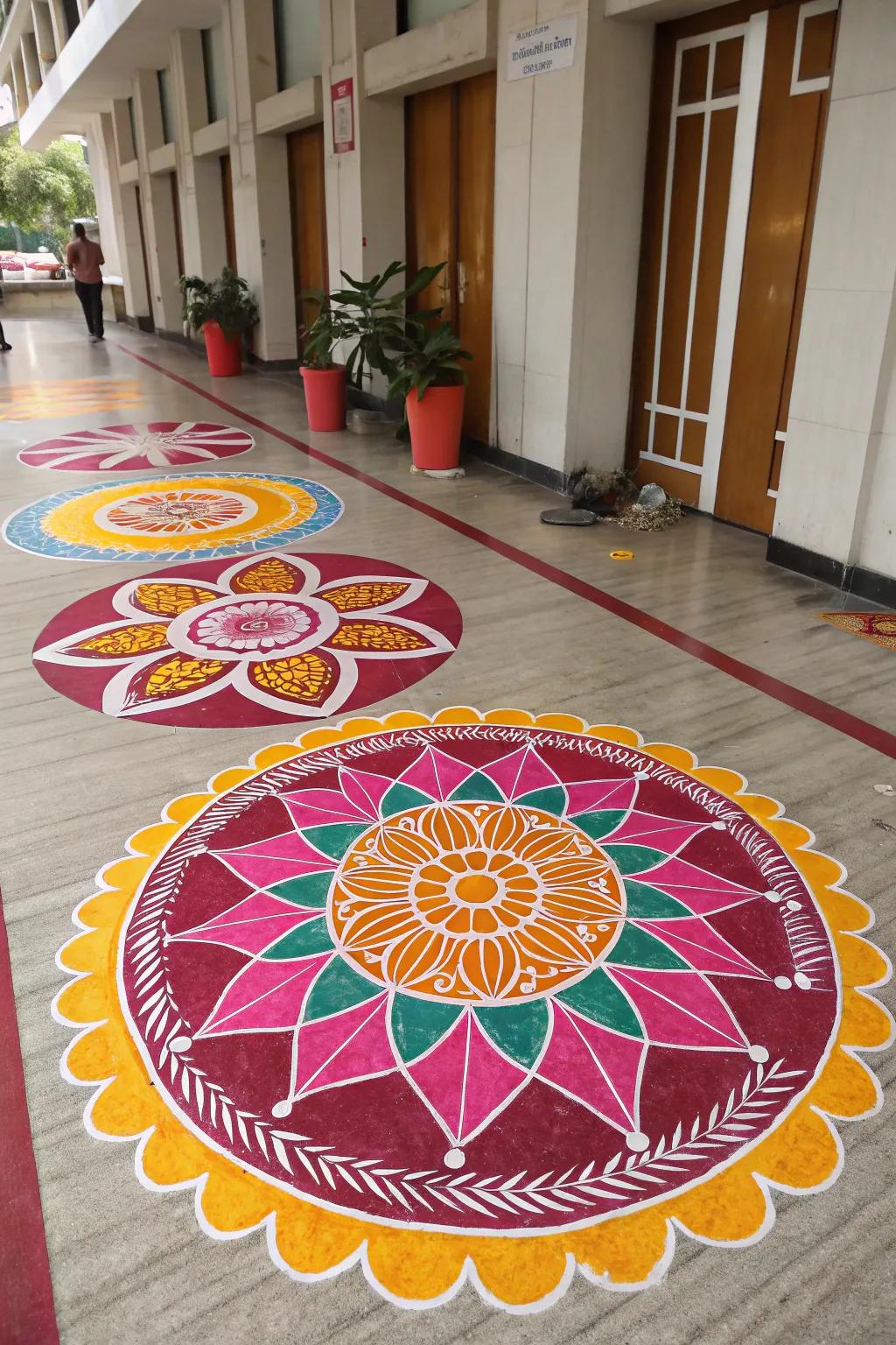 Strong perimeters frame this rangoli, enhancing its visual impact.