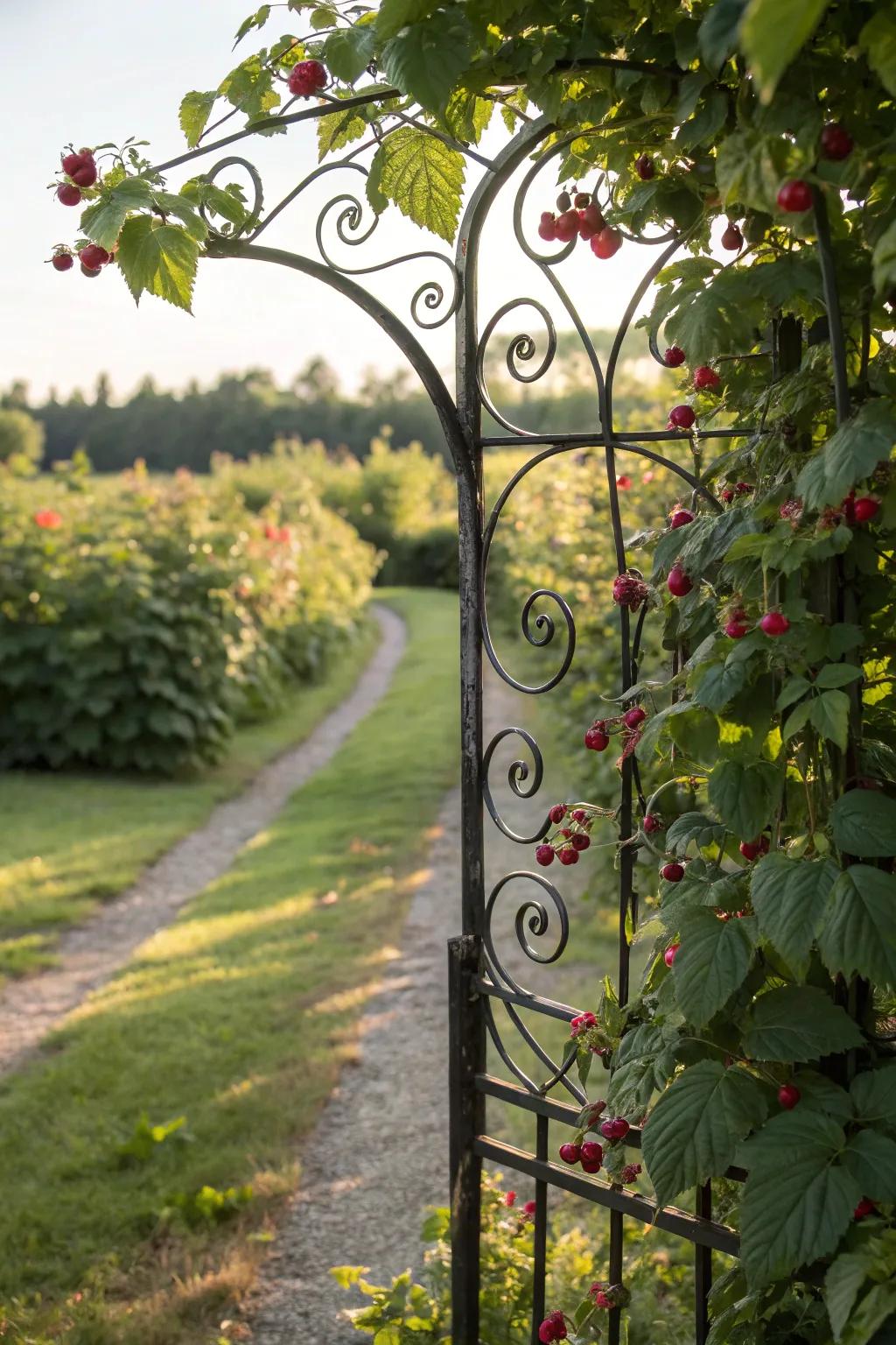 An iron trellis adorned with decorative elements adds beauty to any garden.