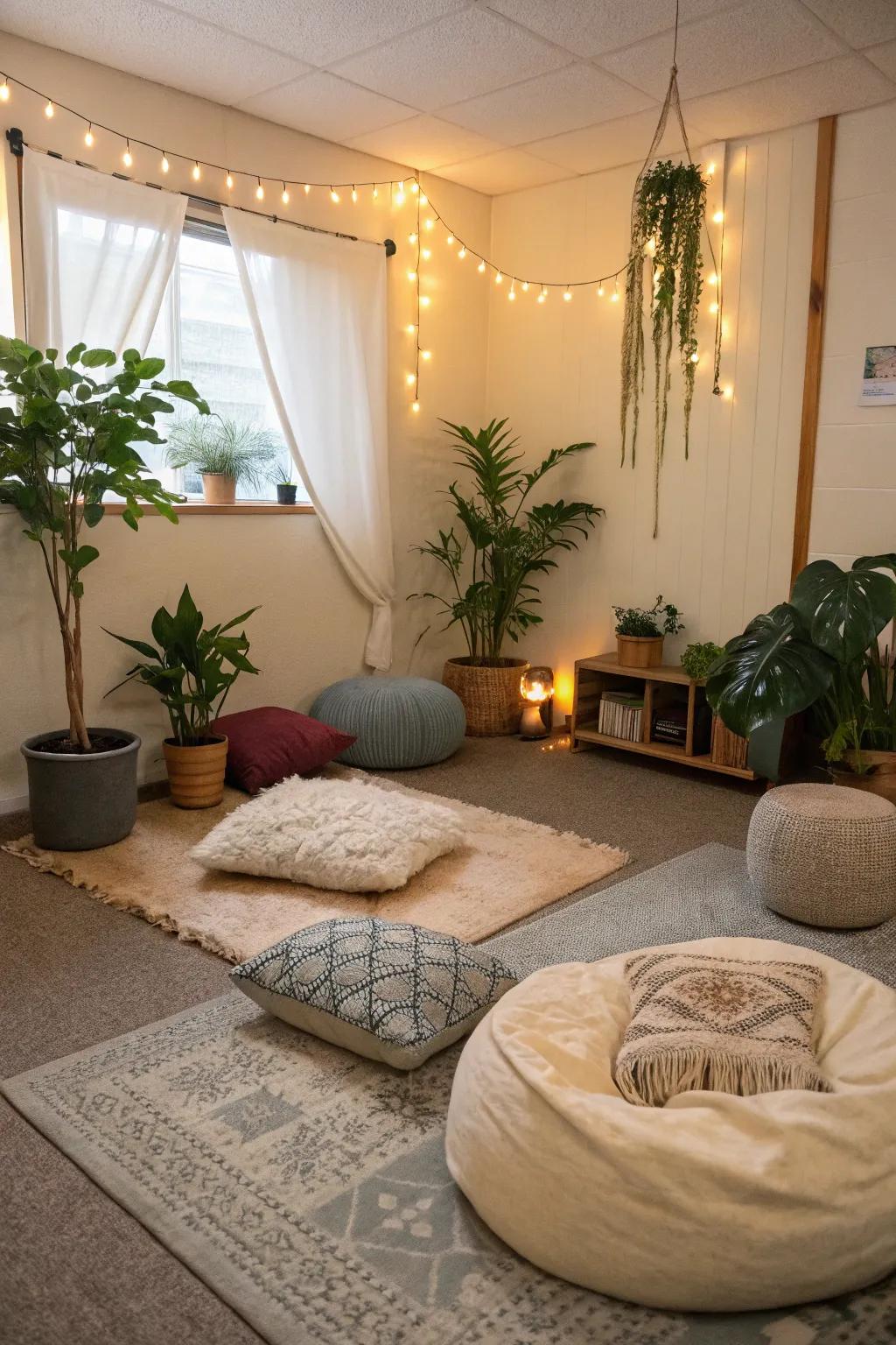 A meditation corner offers a serene escape within your rec room.