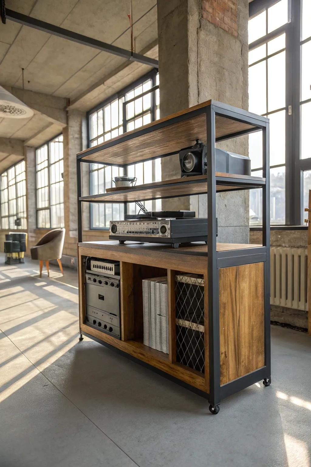 Industrial-style consoles add raw charm to your vinyl arrangement.