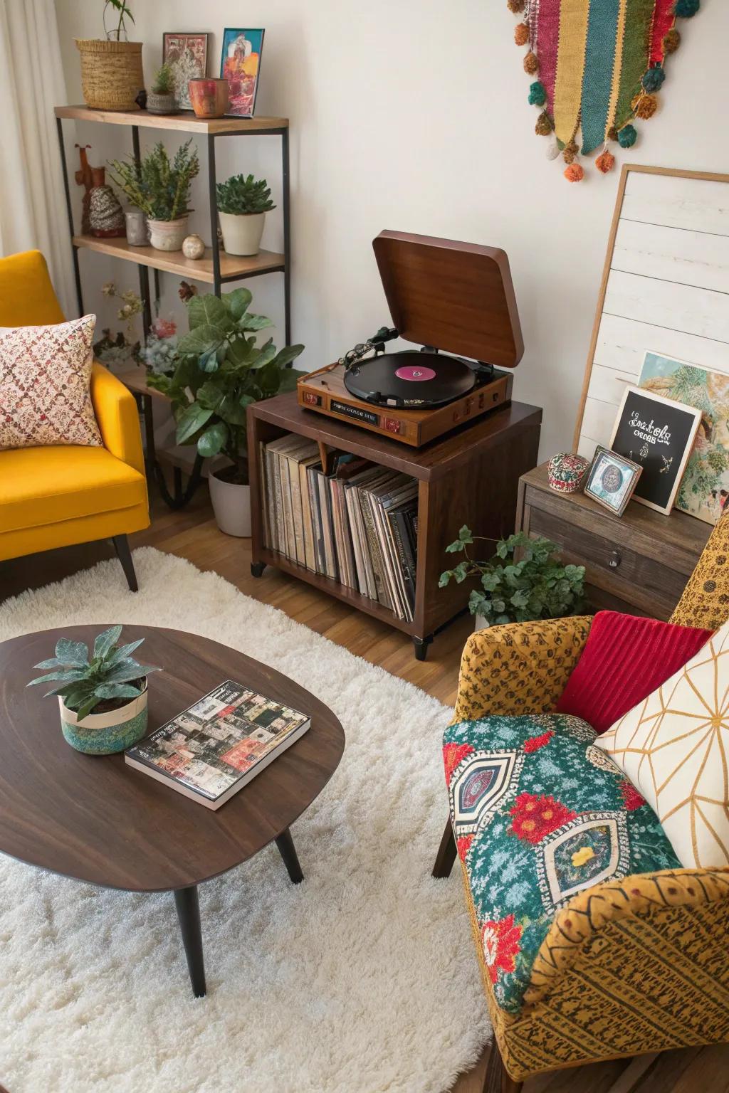 Eclectic record player space that features diverse styles and colors.