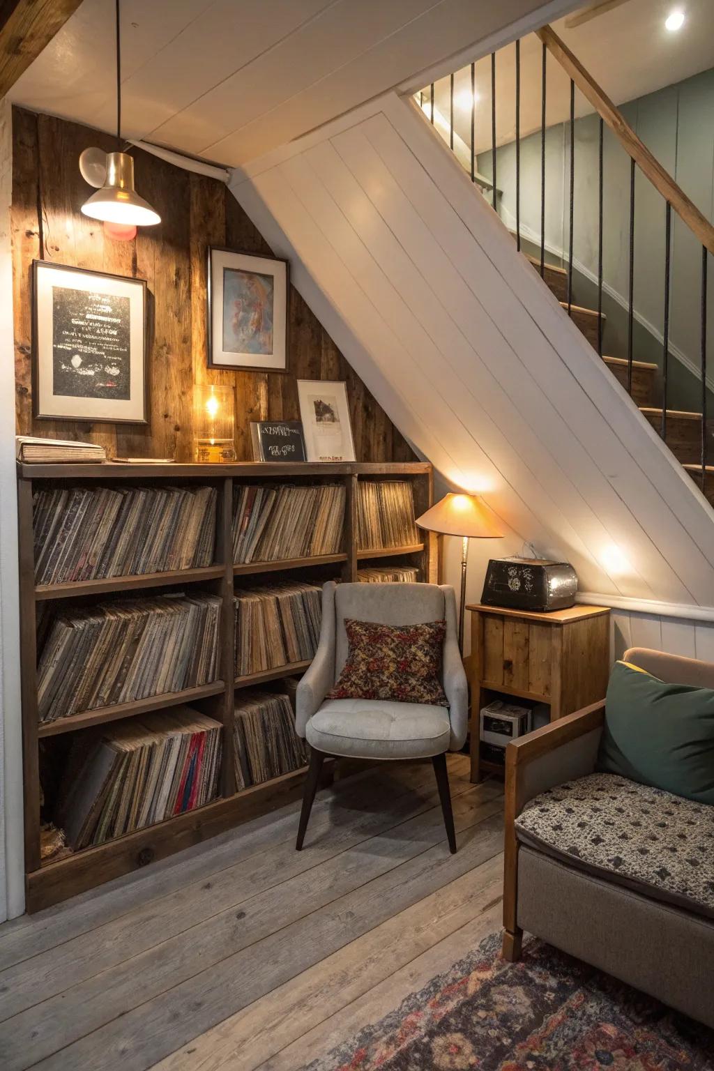 Under-the-stairwell areas can evolve into charming record nooks.