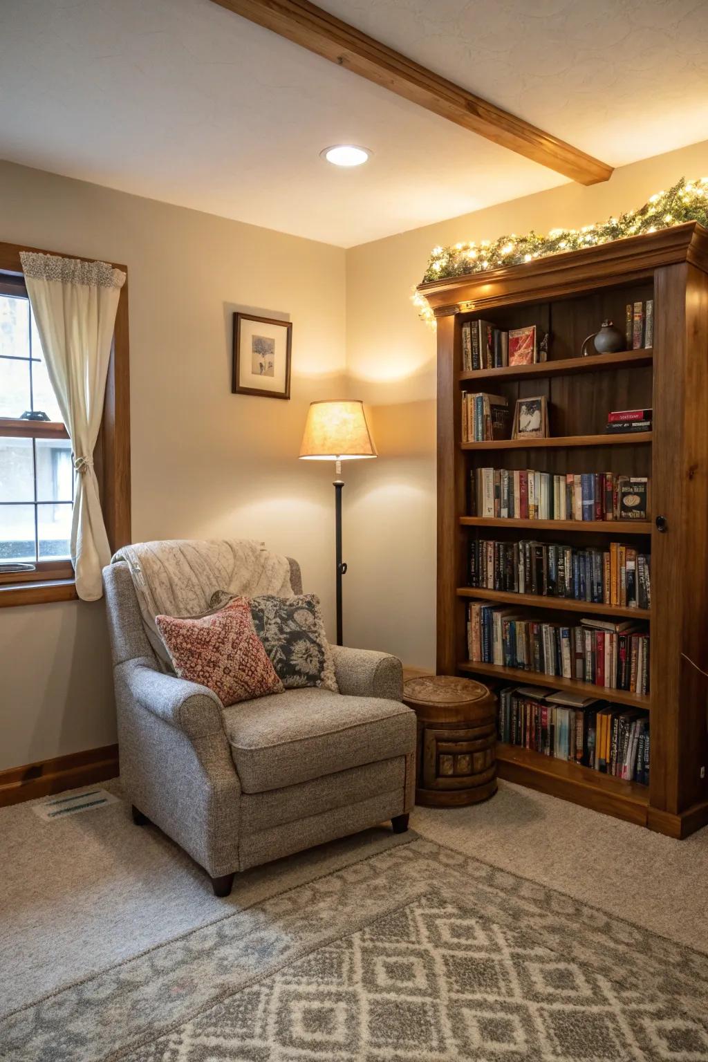 A reading spot provides a cozy sanctuary within the room.