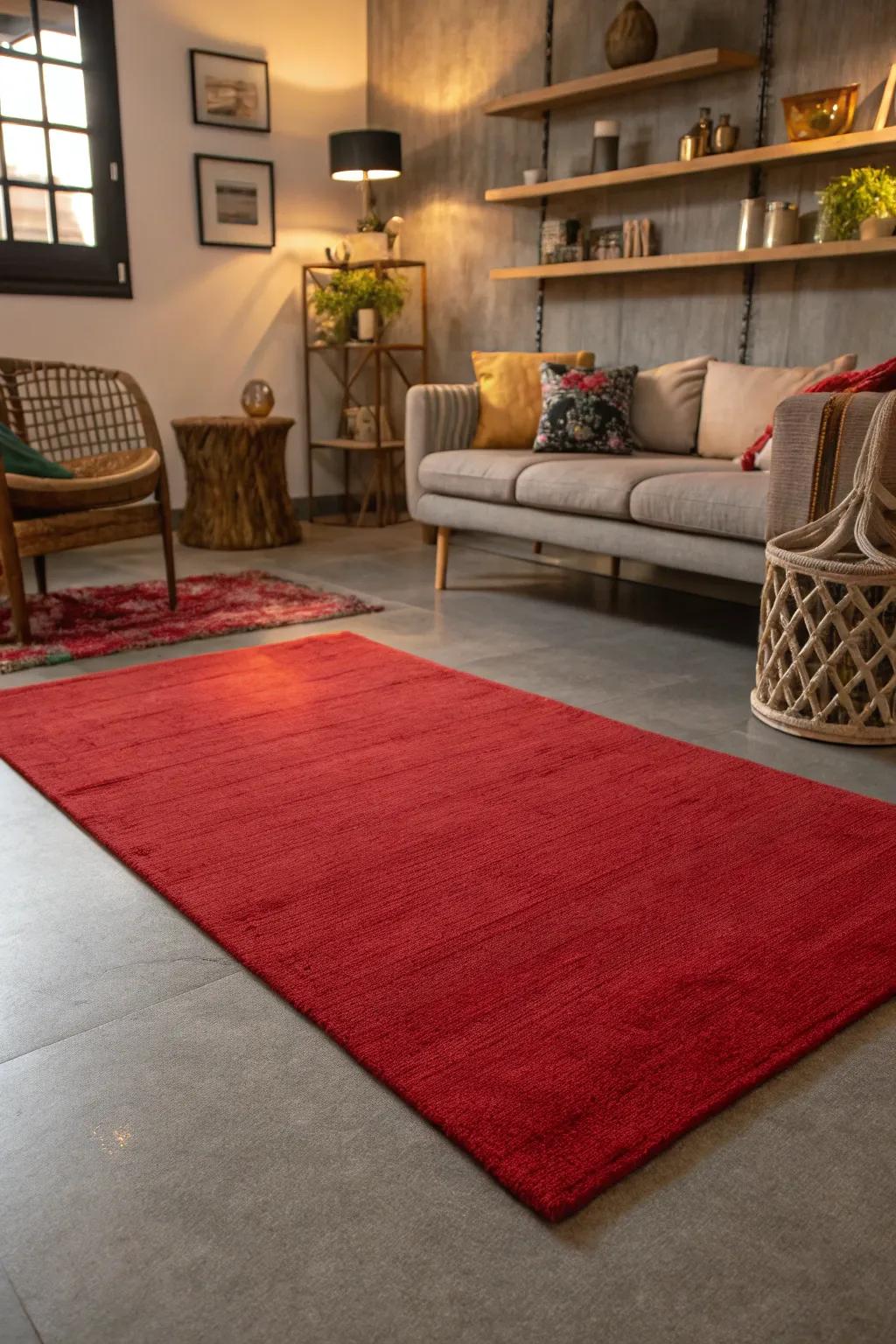 A red rug introducing warmth to a grey floor.