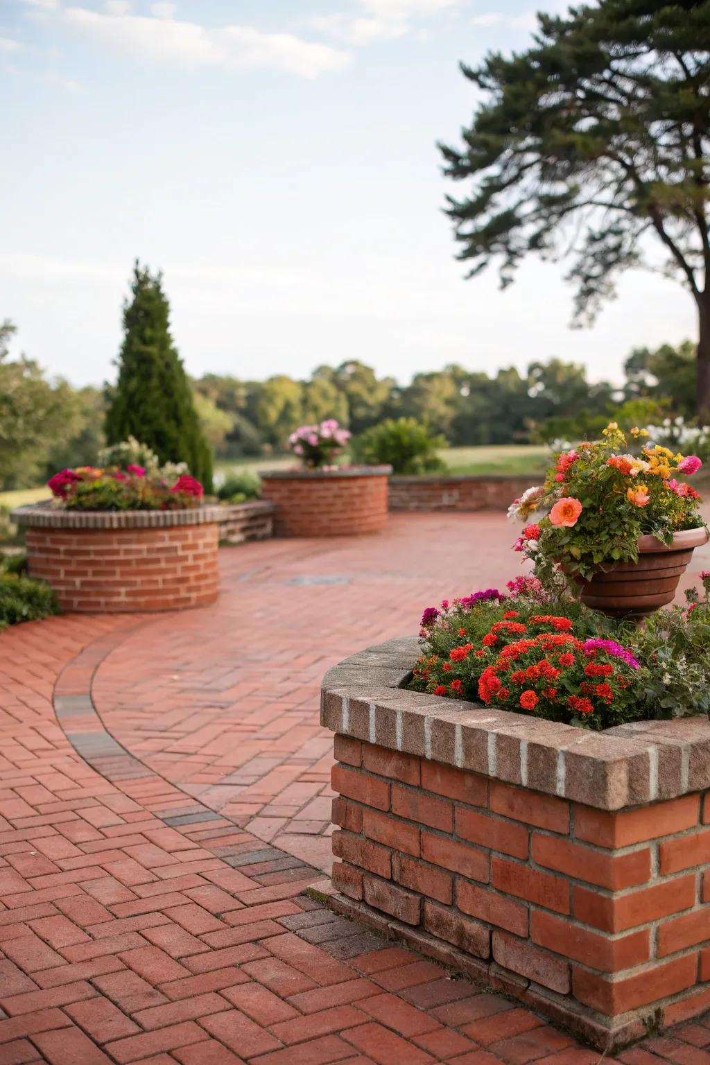 A red brick patio featuring elegant brick plant holders