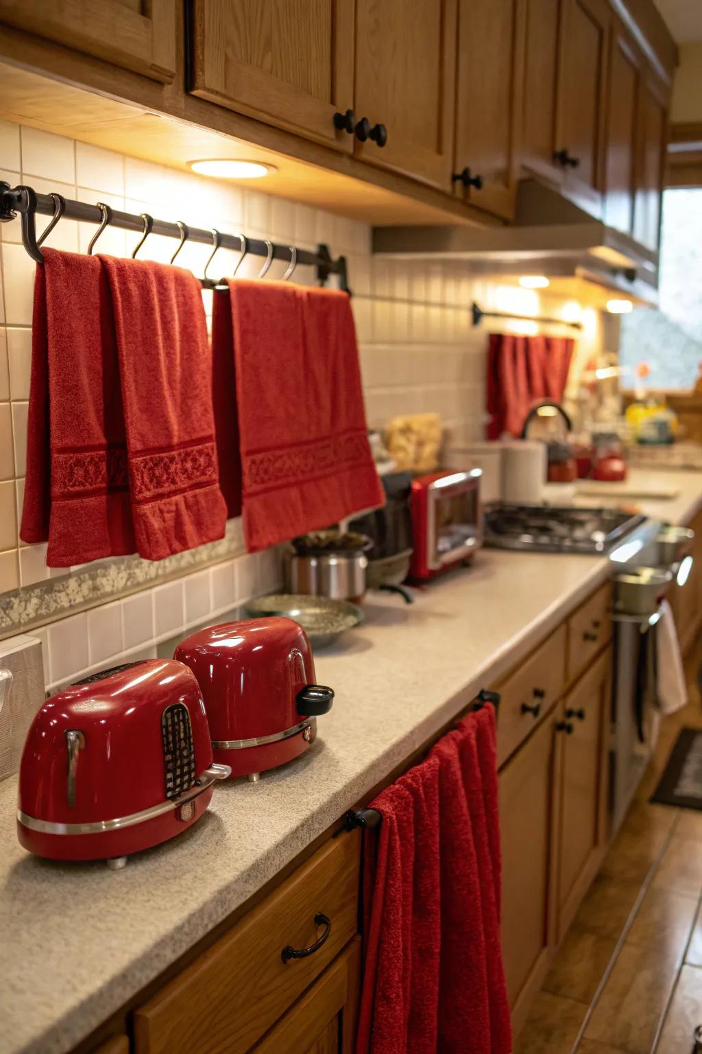 Festive crimson accents bringing holiday cheer to the kitchen.