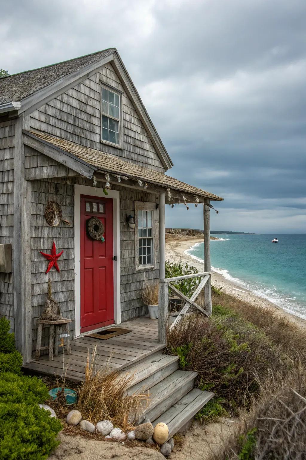 Seaside home showcasing a red door, embodying coastal appeal.
