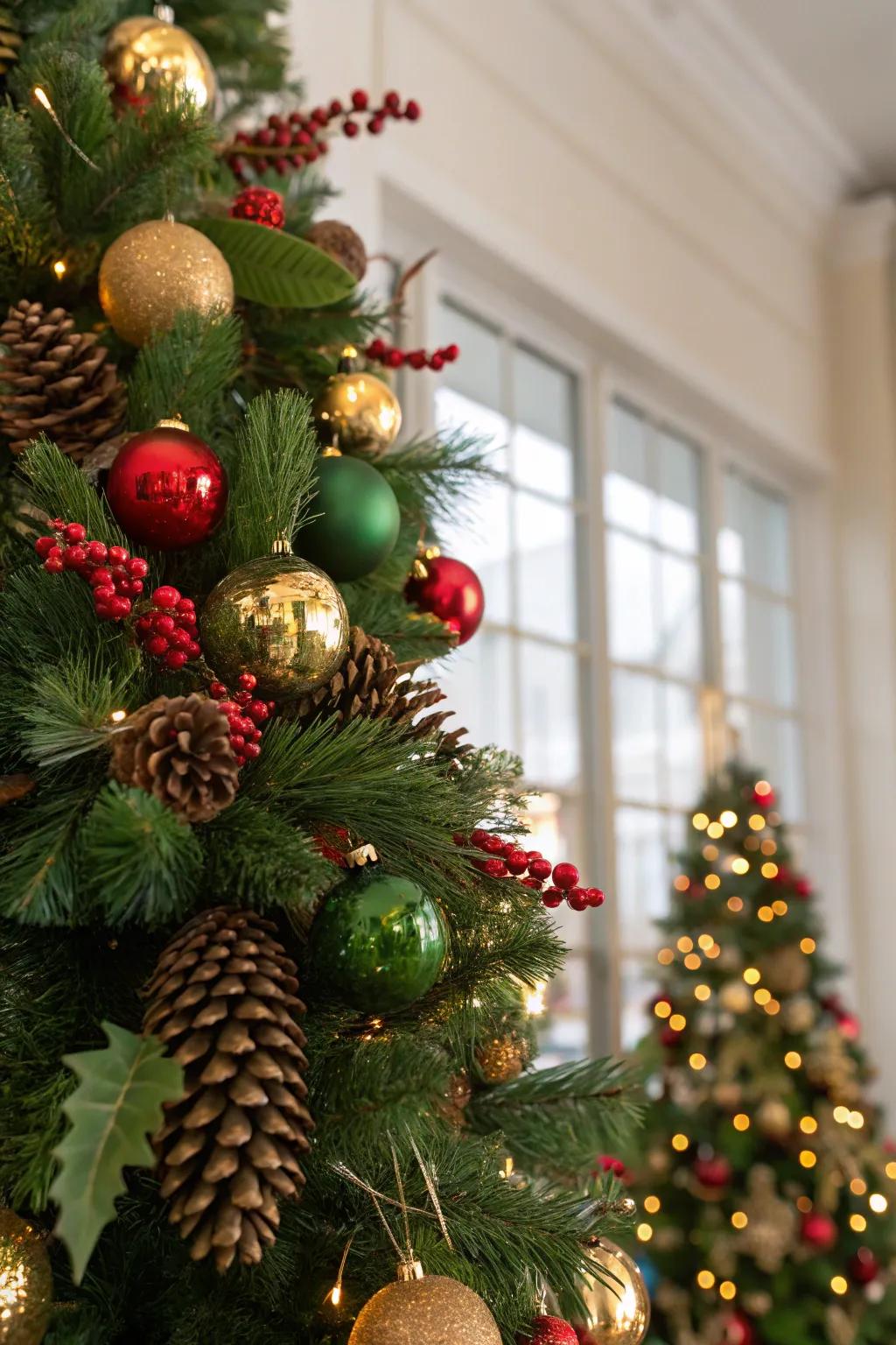 Pine cones and greenery inject a rustic charm into this festive tree.