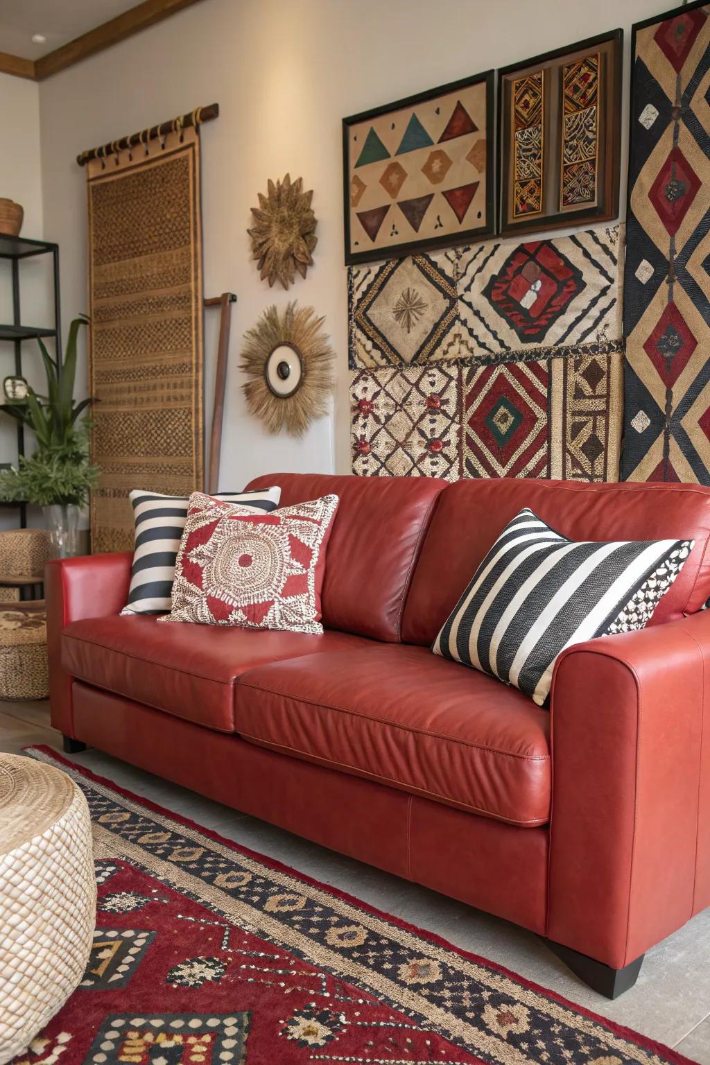Daring designs apply a playful and unexpected twist to a space featuring a scarlet hide settee.