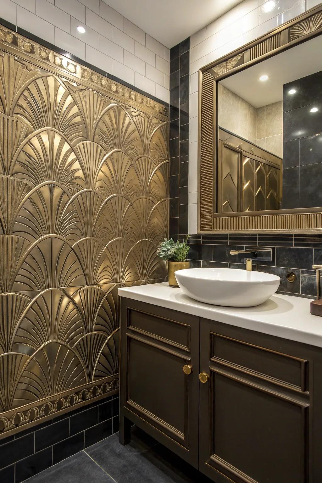 Art Deco tiles contribute a glamorous touch to the washroom.