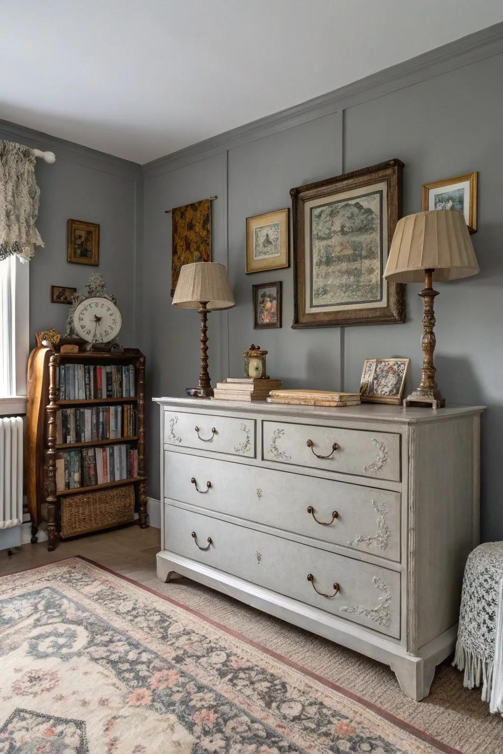 Period pieces add charm and character to a repose gray bedroom.
