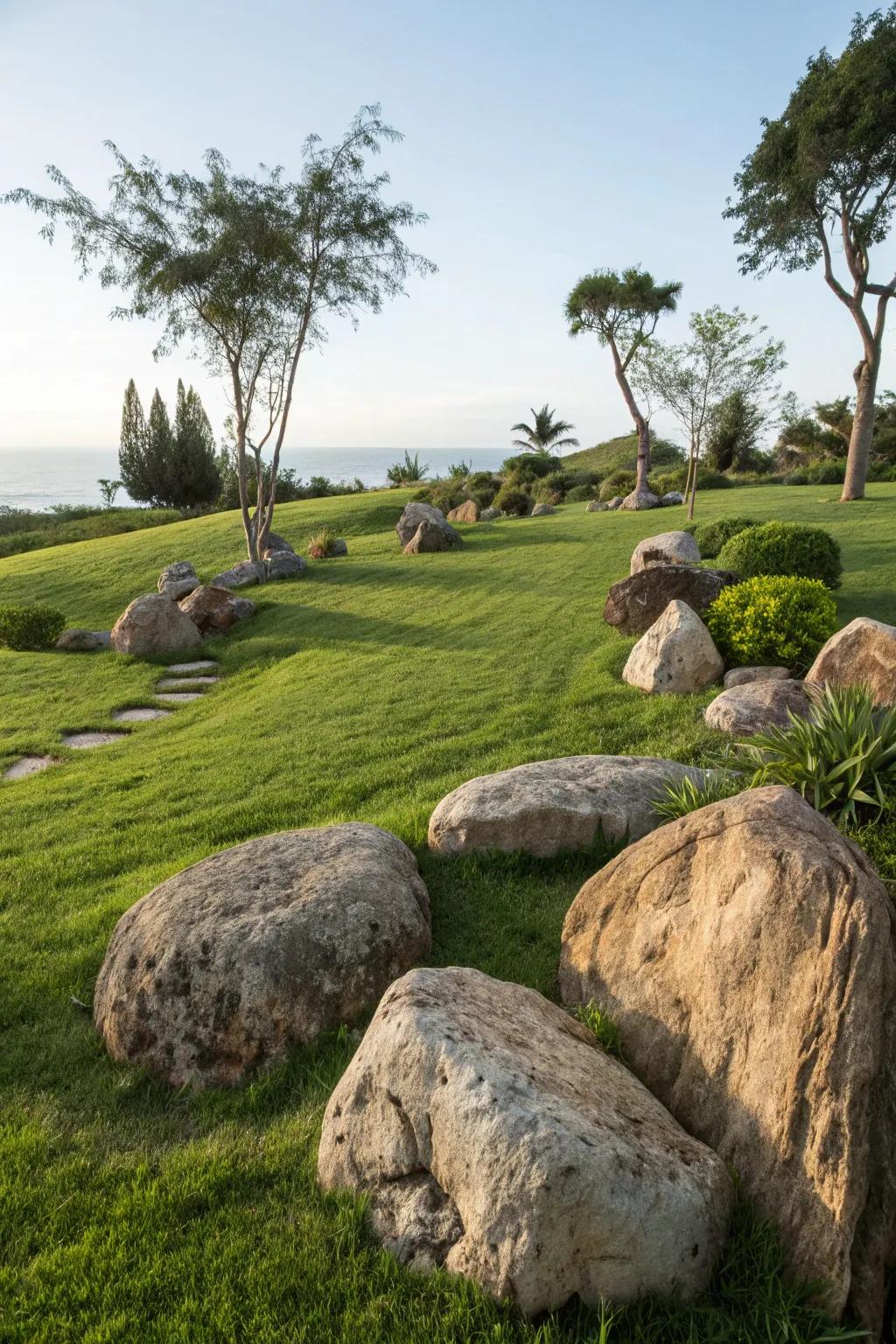 Haphazardly positioned stones introduce unique character to lawns.